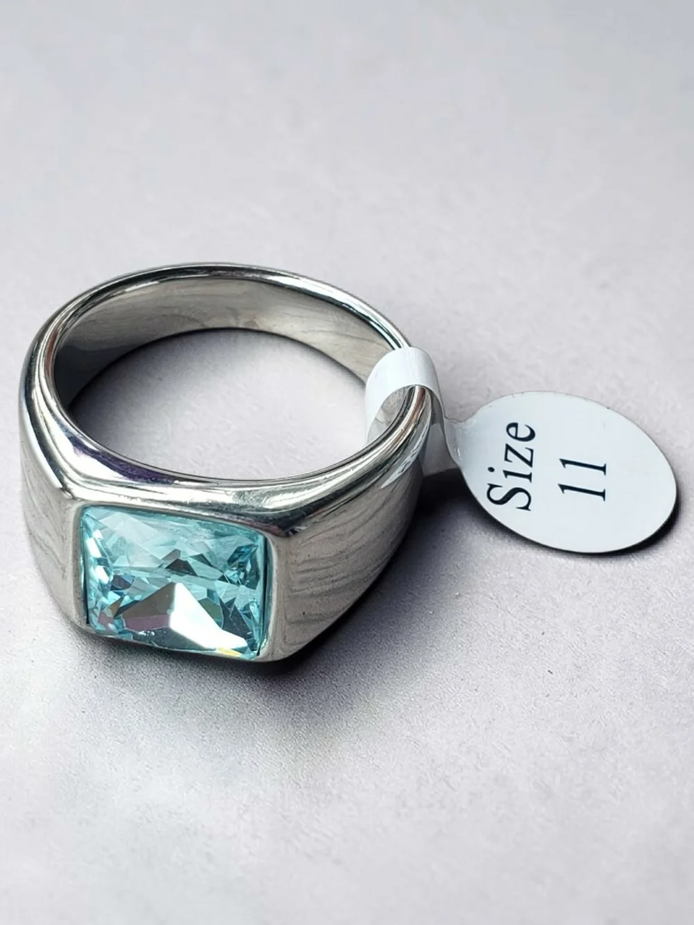 New Stainless Steel Ring With Light Blue Cubic Zirconia - Size 11